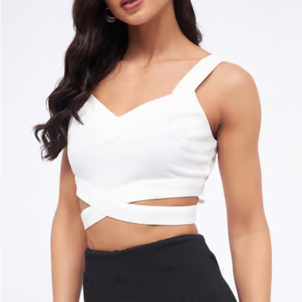 white wrap criss cross strap crop top